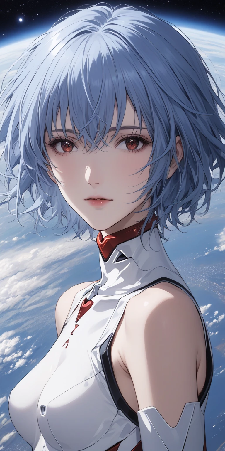 , Score_9, Score_8_up, Score_7_up, Score_6_up, Score_5_up, Score_4_up, Tag1, Tag2, Quality_masterpiece, (masterpiece, detailed:1.2), 32k, RAW photo 8k wallpaper, extremely detailed CG, romantic, beautiful detailed face, an extremely delicate and beautiful, super fine illustration, intricate detailed clothes, Absurd res, Anatomically correct, Beautiful face, Perfect face, Highly detailed beautiful face and eyes, Attractive face, Detailed face, Delicate  features, Detailed skin, , Slender, shiny skin, shiny, Oily skin, Mole under eye, Eyelashes, expressionless, Looking pleasured BREAK Rating_, beautiful fingers, beautiful nail, (face focus:1.2), straight-on, upper body, from above, Lysis, , (r31ayanam1, 1girl, red eyes, blue hair, short hair, hair between eyes, , white plugsuit, , , Rei Ayanami - Evangelion), Standing in honor, , dynamic angle, dynamic pose, looking at viewer, , BREAK, (Great view, Hyperrealism artstyle, detailed_background, space_backround, image view of the blue earth from space, Edges of the Earth, Milky Way Galaxy, landscape), , (A speech bubble reads, "heart":1.2)