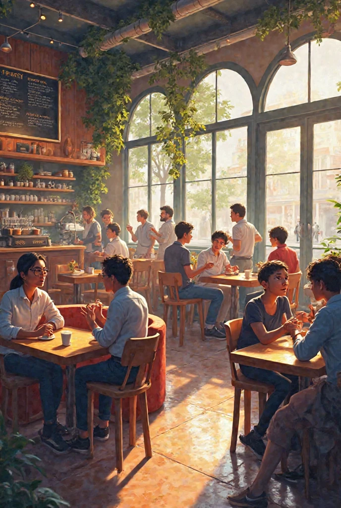 a coffee shop full of people drinking coffee