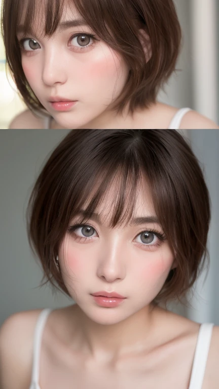 Ultra realistic ((Top Quality、16K、masterpiece:1.3))、a tall and beautiful woman、Perfect Figure:1.4、retro futuristic aesthetic, young woman (charming) solo, pale-brown bob hair, (short hairstyle) with hair bangs, realistic eyes, pale-white skin (highlighted, realistic shading)、huge bust、Highly detailed facial and skin texture、(A detailed eye, Symmetry Eyes, Clear realistic eyes, Double eyelidd、Cold-stricken face、Symmetrical face), very realistic skin, goth makeup, Royal sisters full of fans、The Telegraph Esbian、peach buttocks, white women's shirt, alternative skirt, black tights, squart、(Raw foto:1.2)、((Photorealcitic:1.4))Top Quality、masterpiece、Real Photography、very delicate and beautiful.、super detailed CG、Unity、8K photo wallpaper、delicate detail、best qualtiy、Highly detailed CG unity 16k wallpaper、absurderes、Incredibly Absurd、huge file size、extremely highly detailed、Hight Resolution、ighly Details、Beautiful detail girl、extremely beautiful eyes and face, cute eyes look、Facial light、cinematic lightings、(Proportional hips, thick thighs, beautiful legs, realistic pantyhose) 1girll、see -through, inside a futuristic bedroom, neon soft lights in the dark room environment (soft magenta, cyan and pale-yellow ambient lights) , dream atmosphere、ulzzang-6500、The Telegraph Esbian, different poses at different angles,
