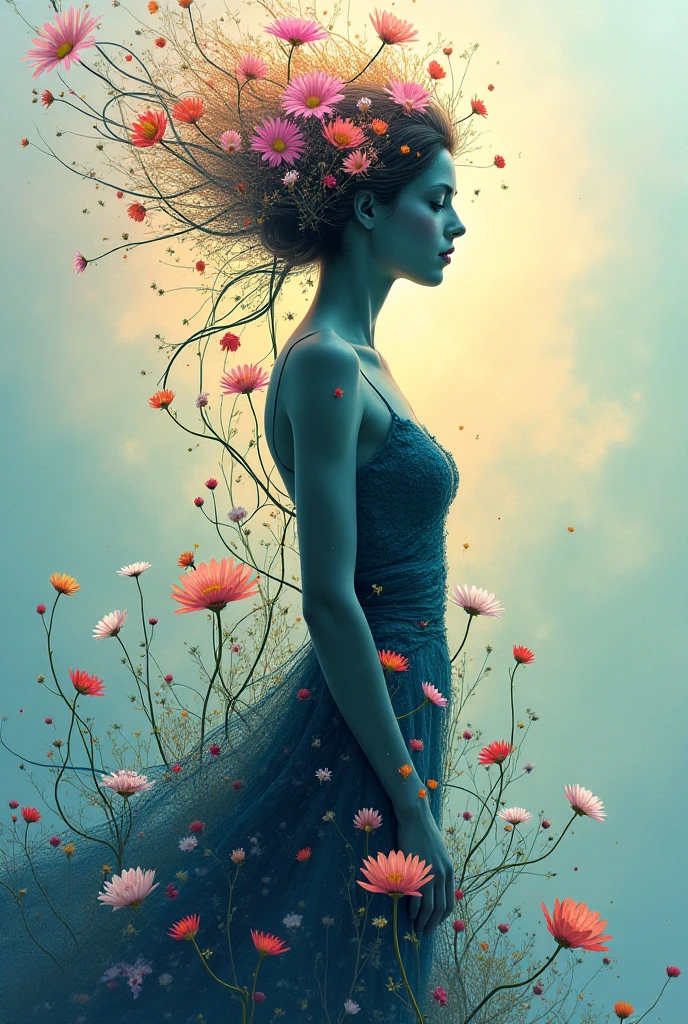 Can you create a woman silhouette with flowers and vines wrapping her body in an aura background 