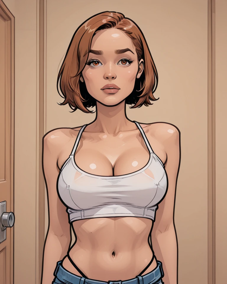 woman thin, blue pans short. White t-shirt. blondy hair, blue eyes, Blue low-cut t-shirt. Comic style. 