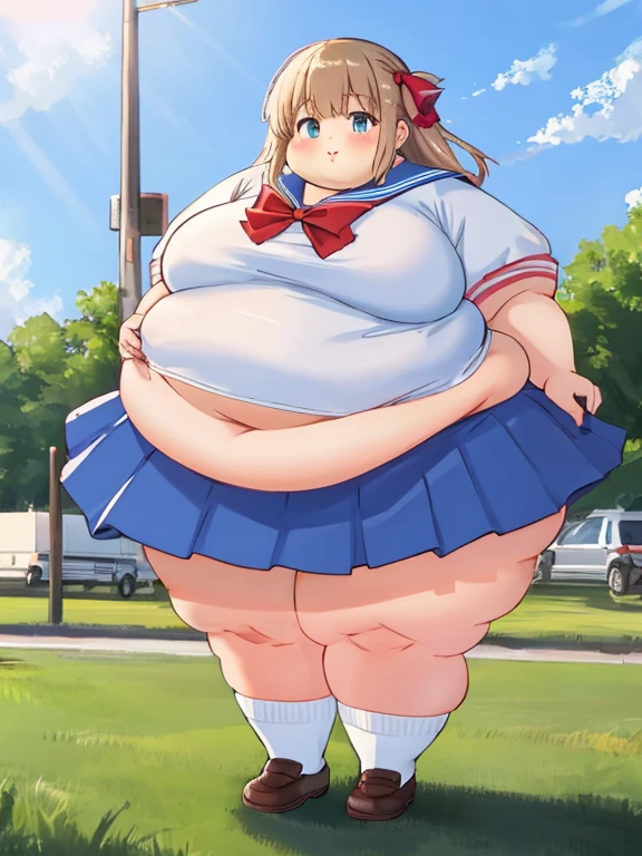 looking at viewer, obese 1girl, big eyes, long eyelashes, smile, skirt,
