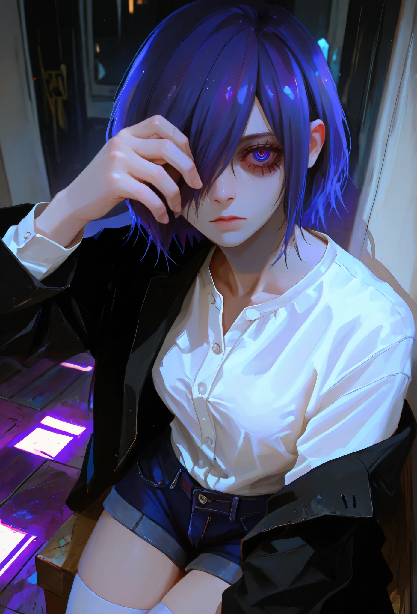 highly detailed, ultra-detailed, finely crafted features, Cinematic lighting, photorealistic, Moody Atmosphere, a young girl, ((short blue-purple hair covering left side of her face: covering one eye)), ((blue- purple eye)), calm face features, Beautiful face, Accurate proportions, White shirt, Gothic neck, black jacket jeans, Black short jeans, white stockings, sitting on the floor in sadness, home style, 8k, dark lighting , masterpiece ((kirishima Touka from Tokyo ghoul))