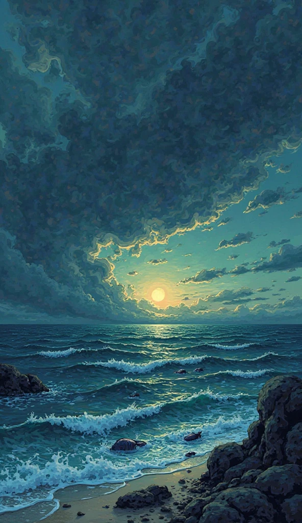 Cartoon-style dramatic scene where a once-colorful sea turns dark and begins to fade into the night, with a shadowy sky and vanishing colors — emotional, symbolic tone.