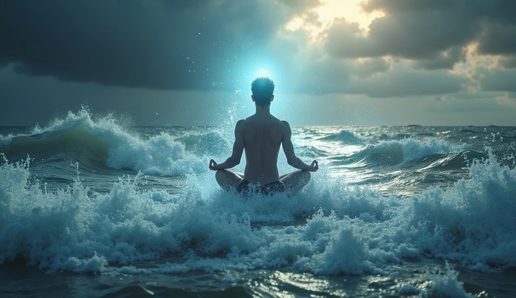 3D view, huge blue lake surface, a white skinned male suspended in meditation on the water surface, with ripples under his feet, perfect figure, handsome face, perfect abdominal muscles, perfect muscle curves, a handsome male dressed in Hanfu Xianfeng Daogu