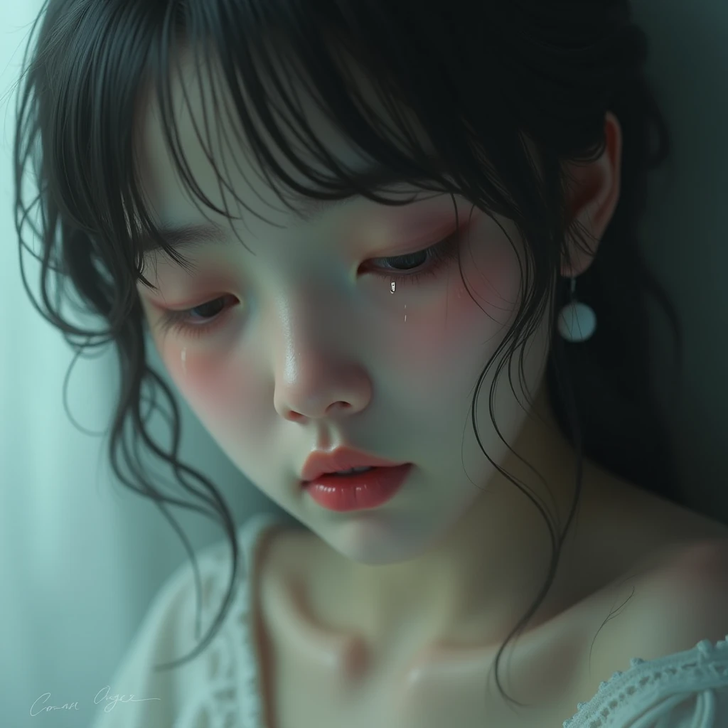 there is a woman that is sitting down with her arm on her chest, guweiz, rin, wlop!!, wlop : : 5, [ realistic photo ]!!, guweiz masterpiece, by Ayami Kojima, anaglyph effect ayami kojima, artwork in the style of guweiz, jia, inspired by Ayami Kojima best quality