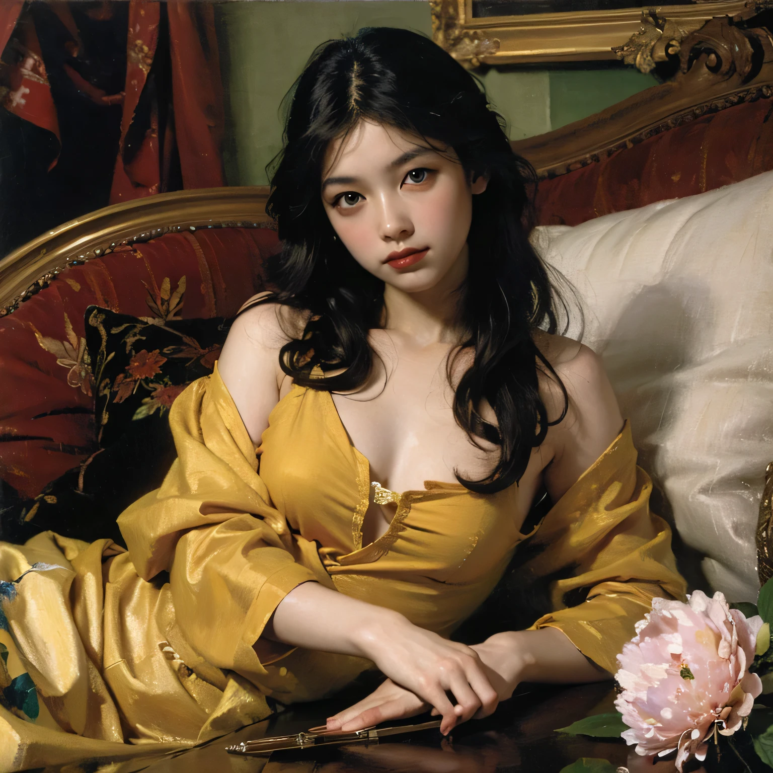 (oil painting:1.5), \\ a woman with (long curtly hair ), ((green eyes)) is lie on the ground , peony, (amy sol:0.248), yellow, with skirt,(stanley artgerm lau:0.106), (a detailed painting:0.353), (gothic art:0.106)
