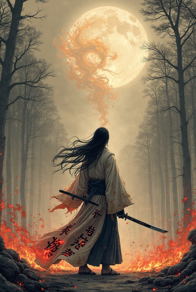 A lone, slender samurai with flowing black hair stands in a burned-out shrine under a pale moon. His kimono is torn and ink-stained, glowing faintly with ember-like patterns. He holds a katana inscribed with glowing red kanji, flames curling gently around the blade. Behind him, a wall of smoke swirls like calligraphy, forming the ghostly shape of a fire demon. The forest around him is charred and silent, trees like blackened brushstrokes fading into mist. The art style is inspired by traditional Japanese sumi-e ink wash painting, with muted earth tones, soft watercolor backgrounds, and expressive ink lines. The only vibrant color is the fire—bright crimson and orange, flowing like paint across the scene. Dramatic lighting and a solemn, mystical mood.