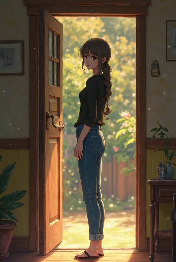 Generate me a picture of a ghibli adult girl opening the door while there was someone outside without any coat but just black blouse, fit jeans and 1 inch high sandals
