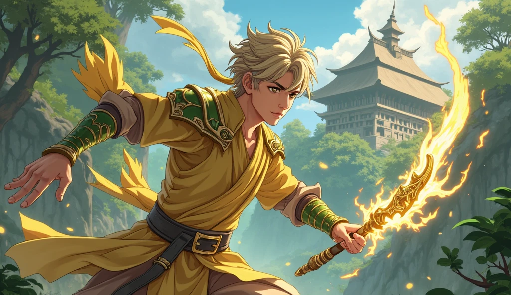 “Fantasy Action Scene. Anime Style. A jungle clifftop temple with lots of foliage. Full Body. A Dynamic action panel of an Olive-Toned, French White Young Adult Male Warrior holding a Gold Battle Staff that radiates wind and electricity in his left hand. A windy aura surrounds the staff. Have him with Wavy, short Golden-Brown hair and bright Golden eyes. He has Light-Brown facial hair. Have him wearing a slim yellow Shinobi outfit with green metallic accents. Have him with gold and green metallic protective gear. Slim, Toned body. Beautiful, Confident, and Masculine. A windy, electric aura surrounds the body. Ready to attack with the staff. Have the image be Highly Detailed. Have the face with extreme, precise details, 8K, HD.”
