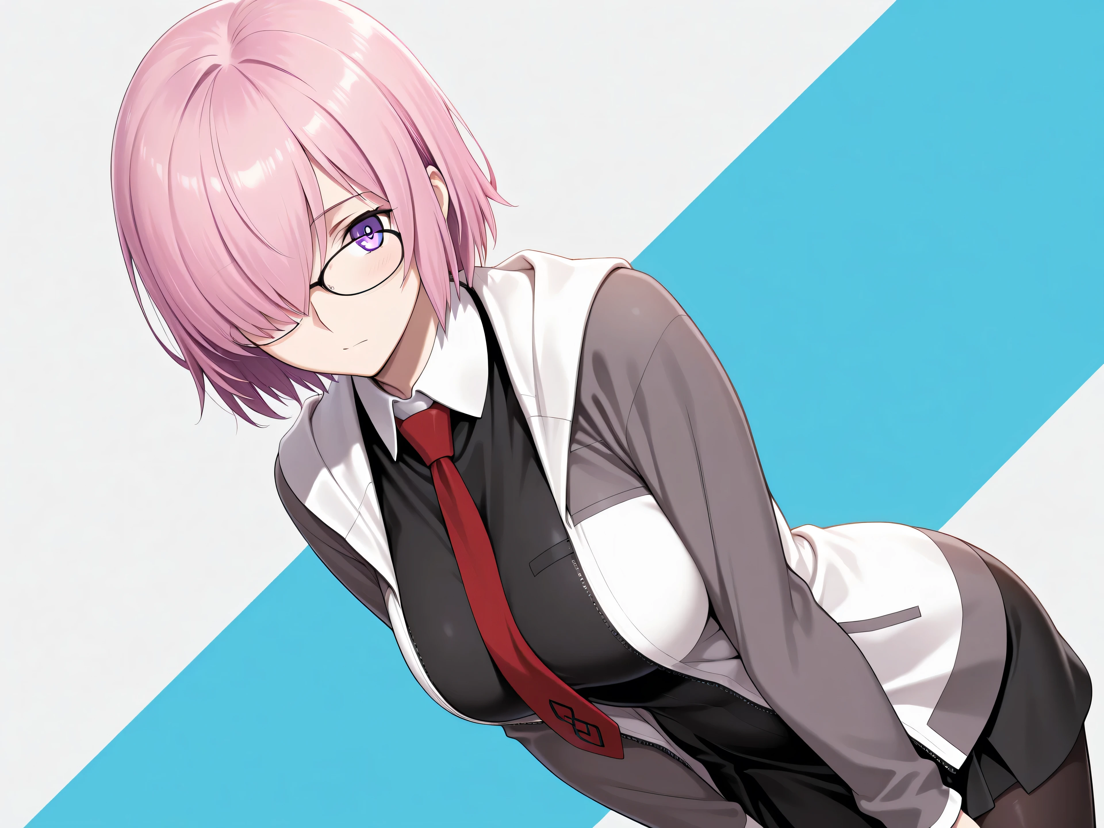 best quality, masterpiece, 1girl, aamash, short hair, pink hair, hair over one eye, glasses, purple eyes, red necktie, collared dress, black dress, jacket, open jacket, long sleeves, black pantyhose,mature female