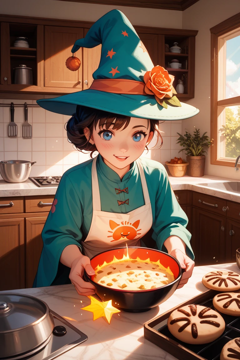 > "A magical fluffy cat wearing a wizard hat, in a glowing fantasy kitchen. The cat gathers enchanted ingredients that float into a glowing bowl. With a flick of its tail, the dough starts mixing by itself. Suddenly, the cookies rise from the bowl and begin to fly around the kitchen, leaving sparkles behind. The cat smiles proudly as the cookies form a heart shape mid-air. Studio Ghibli and Pixar-inspired animation style, pastel fantasy colors, cinematic lighting, ultra-detailed, trending fantasy animation, 30-second story"

