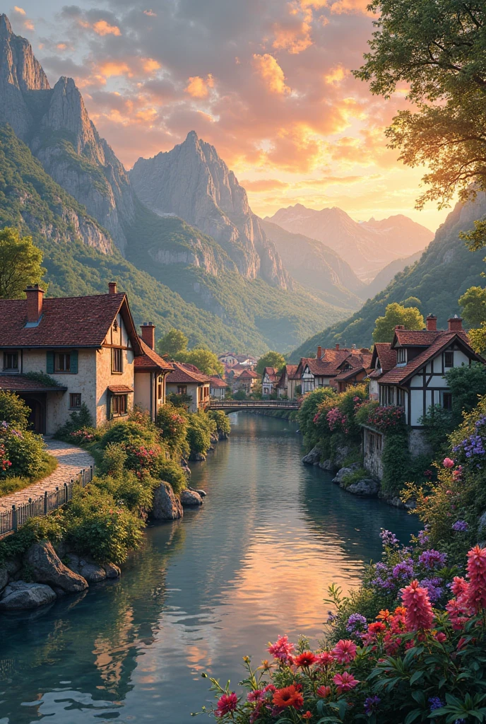 a small village by the river, mountains in the background, floral flowers colorful, detailed landscape, Beautiful natural landscapes, atmospheric lighting, scorching sunset, warm colours, practical, photopractical, Detailed Foliage, complex buildings, cobblestone street, Charming country house, swirly vibrant colors, lush vegetation, Still water reflections, Picturesque, idyllic, work of art, best qualityer, 8k, extremely detaild,anime stylingwoman