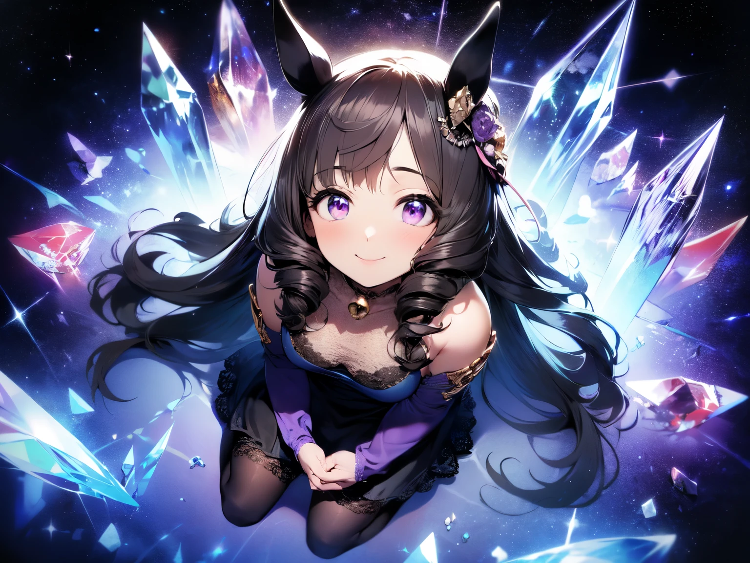 (Solo: 1.5), (Adult Female: 1.5), (Horse Ears: 1.5), (Small Face, Stocky Build: 1.5), (Large Breasts Visible Through Clothes), (Looking at Camera), (Seductive Smile: 1.5), (Long Black Hair: 1.5), (Long Sleeved Light Blue See-Through Lace Dress: 1.5), (Hands Hidden by Bell Sleeves: 1.5), (Sitting on Knees: 1.5), (Dark Purple Background, Crystal, Crystal Space, Starry Sky: 1.5), (Strong Wind), (Accurate Anatomy: 1.5), (Animation: 1.5), (Amazing, High Quality, High Resolution), (Top View: 1.5)