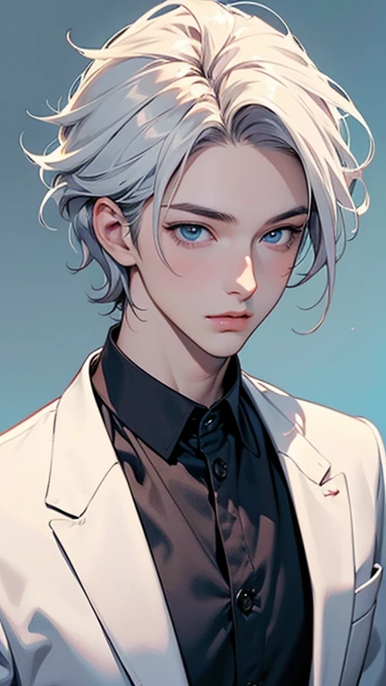 anime boy, 20 years old, handsome face, short white hair, light blue eyes, suit style, classy background, (eye details), (face details), (body details), (background details), (make clear image), (make 4k and 8k image), (masterpiece)