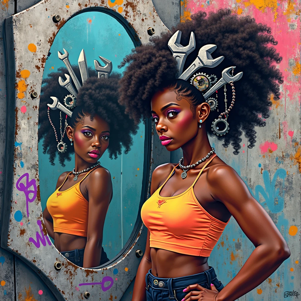 ((Masterpiece)), ((Ultra-detailed street art)), ((graffiti style)), ((bold outlines, vibrant spray paint textures)), (urban wall mural), (Afrofuturist aesthetic), BREAK.

A powerful black woman with deep brown skin, wearing a glowing **neon cropped top**, stands confidently in an urban alleyway, captured in stylized **street graffiti** art. Her striking **afro black power hair** is not made of curls but an imaginative fusion of **mechanic tools** – wrenches, pliers, screwdrivers, and gears – radiating outward like a crown. Her expression is reflective and strong as she gazes at herself in a **giant wrench** used as a symbolic **mirror**, its metallic surface painted with surreal reflections.

The background features raw **concrete textures**, faint city details, vibrant urban tags, and layered spray paint splashes in neon blue, orange, and magenta. The overall scene blends social strength, artistic rebellion, and feminine identity, with a **hip-hop street energy**, expressing **empowerment through self-awareness** and mechanics as metaphors.

**Keywords:** black woman, afro made of tools, neon cropped top, wrench mirror, urban graffiti, mechanic symbolism, afrofuturism, street art, spray paint, vibrant mural, powerful pose, reflective moment, urban empowerment, concept illustration.