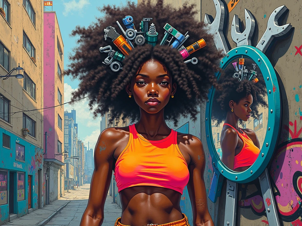 ((Masterpiece)), ((Ultra-detailed street art)), ((graffiti style)), ((bold outlines, vibrant spray paint textures)), (urban wall mural), (Afrofuturist aesthetic), BREAK.

A powerful black woman with deep brown skin, wearing a glowing **neon cropped top**, stands confidently in an urban alleyway, captured in stylized **street graffiti** art. Her striking **afro black power hair** is not made of curls but an imaginative fusion of **mechanic tools** – wrenches, pliers, screwdrivers, and gears – radiating outward like a crown. Her expression is reflective and strong as she gazes at herself in a **giant wrench** used as a symbolic **mirror**, its metallic surface painted with surreal reflections.

The background features raw **concrete textures**, faint city details, vibrant urban tags, and layered spray paint splashes in neon blue, orange, and magenta. The overall scene blends social strength, artistic rebellion, and feminine identity, with a **hip-hop street energy**, expressing **empowerment through self-awareness** and mechanics as metaphors.

**Keywords:** black woman, afro made of tools, neon cropped top, wrench mirror, urban graffiti, mechanic symbolism, afrofuturism, street art, spray paint, vibrant mural, powerful pose, reflective moment, urban empowerment, concept illustration.