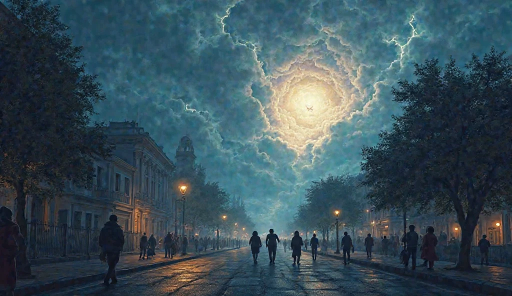 "Create a realistic and impactful illustration of the 'Lord's Day', as described in 1 Thessalonians 5 — 'like a thief in the night'. The scene must portray a strong contrast between apparent peace and sudden judgment. Show a modern city at night, with people living normally - some walking, others at home, distracted , as if nothing were going to happen. IN THE SKY, a powerful heavenly phenomenon appears suddenly: clouds opening with intense light and a majestic divine presence beginning to reveal itself, bringing amazement and reverence. People's expression varies between surprise, fear and spiritual awakening. Add symbolic elements such as lightning in the background, heavenly trumpets in the distance or angels rising out of the clouds, without mystical exaggerations - maintaining the realistic style, with dramatic lighting and atmosphere of something solemn and inevitable.