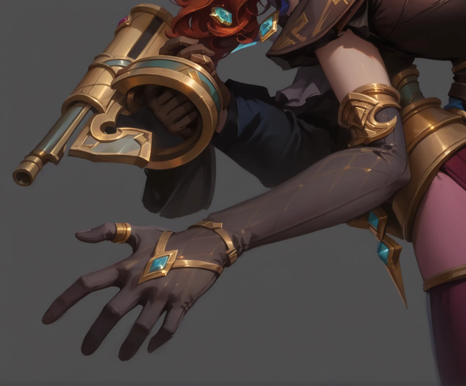 A detailed close-up of League of Legends champion arm accessories, (League of Legends splash art style:1.4), (Riot Games official concept art:1.3), (elegant gray-brown gloves with intricate details:1.5), (diamond-shaped blue gemstone on back of hand:1.5), (golden trim accents on leather arm pieces:1.4), (hexagonal blue gemstones embedded in arm armor:1.4), (intricate leather straps with gold buckles around wrist:1.3), (forearm armor with geometric patterns:1.4), (layered armor plates with bronze edging on forearm:1.3), (blue magical energy gems along arm:1.4), (delicate gold filigree on arm guards:1.3), (slim-fitting dark gray gloves:1.3), (copper and gold metallic accents:1.2), hand-painted digital illustration, clean sharp lines with painterly details, high contrast, professional concept art quality, dark gray background, elegant yet functional design, fantasy steampunk aesthetic, (Miss Fortune arm details:1.2)