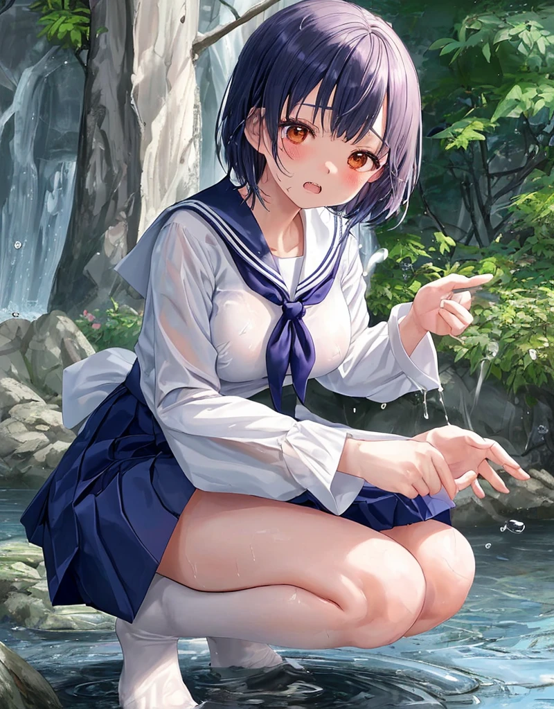 (masterpiece), (best quality), (ultra-detailed), intricate detail, High quality, 1girl, breasts, medium breasts, looking at viewer, solo, onsen, cleavage, wet, naked, sitting, water, blush, parted lips, fingering, hands on crotch, collarbone, thighs, open legs, spreading legs, spread legs,legs open, M word leg open, masturbation, masturbation, hands on the crotch, lewdness, (????? water: 1.7), crotch kinky water, squirting,sunlight, bathing, outdoors, rock, partially submerged, (??????: 1.8) (nsfw1.1)