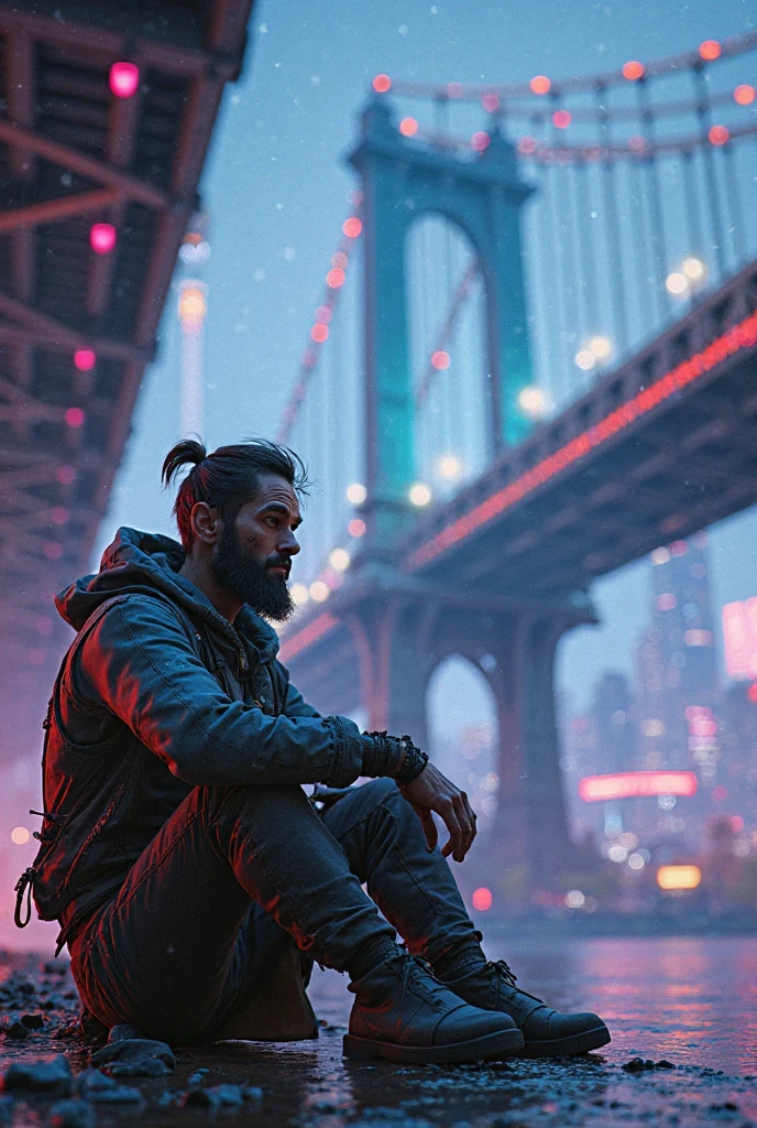 "A rugged, skinny man in tattered clothes, sitting under a neon-lit bridge, futuristic city skyline in the background, Fortnite-style lighting and shaders."
