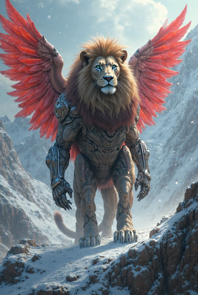 Create an epic, high-detail illustration of a Lion transformed into Marvel's The Falcon, standing proudly in an African savanna. The Lion should wear The Falcon's winged harness, with mechanical wings folded on its back, ready to deploy at a moment's notice. The Lion's fur should have the red and white color scheme of The Falcon’s suit, with streaks of metallic silver. The Lion's eyes should glow with a sharp, focused intensity, embodying The Falcon's tactical brilliance and agility. The scene should be dynamic with dramatic lighting, set in a fantastical, action-packed environment of the African landscape. The Lion should exude an aura of swift and calculated power, capturing the essence of The Falcon's character in a fantasy art style. No human-like figure, just the Transformed Lion.
