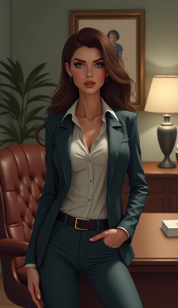 2D artstyle of Hot mature  teacher in office formal  shirt tucked in  pants black belt, tight clothes that highlights her figure 
