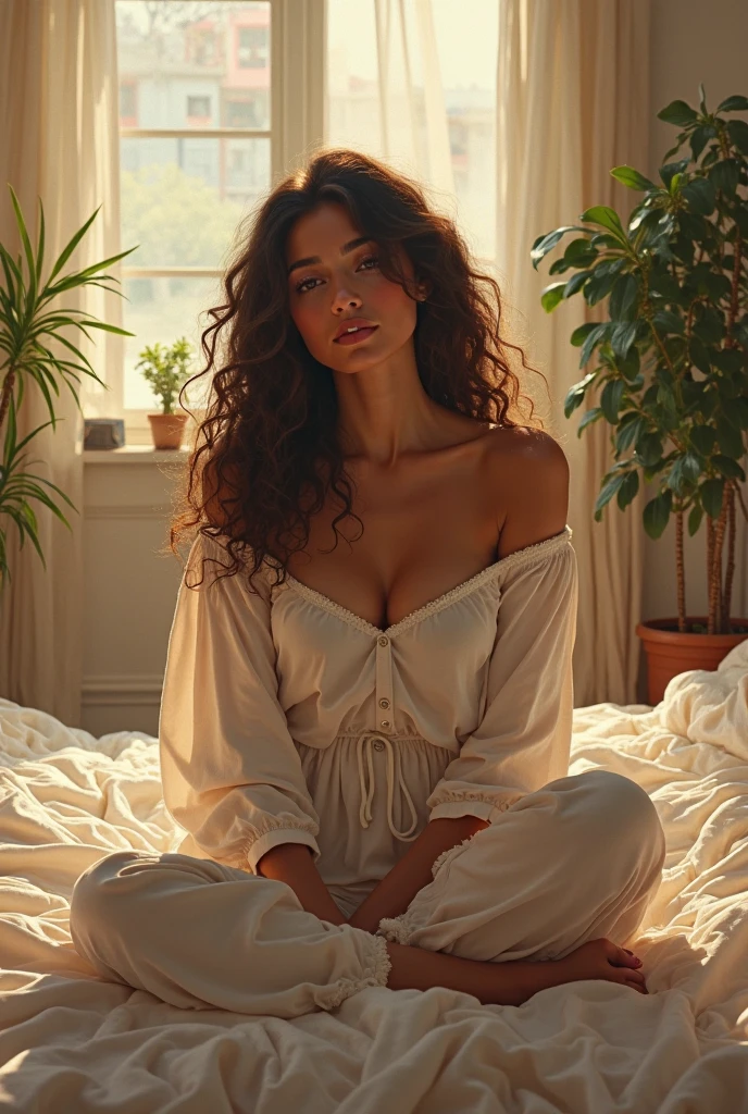 (photorealism:1.2), beautiful woman, sitting on bed, wearing loose off-shoulder top, pajama pants, long curly hair, indoors, soft lighting, plants in background, window with sunlight, cozy room, relaxed pose, realistic, intricate details, warm colors, by Greg Rutkowski, by Alphonse Mucha