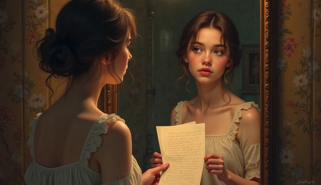 [Scene: Esther at her mirror]
Visual: Esther looking into a mirror, nervously clutching a letter.