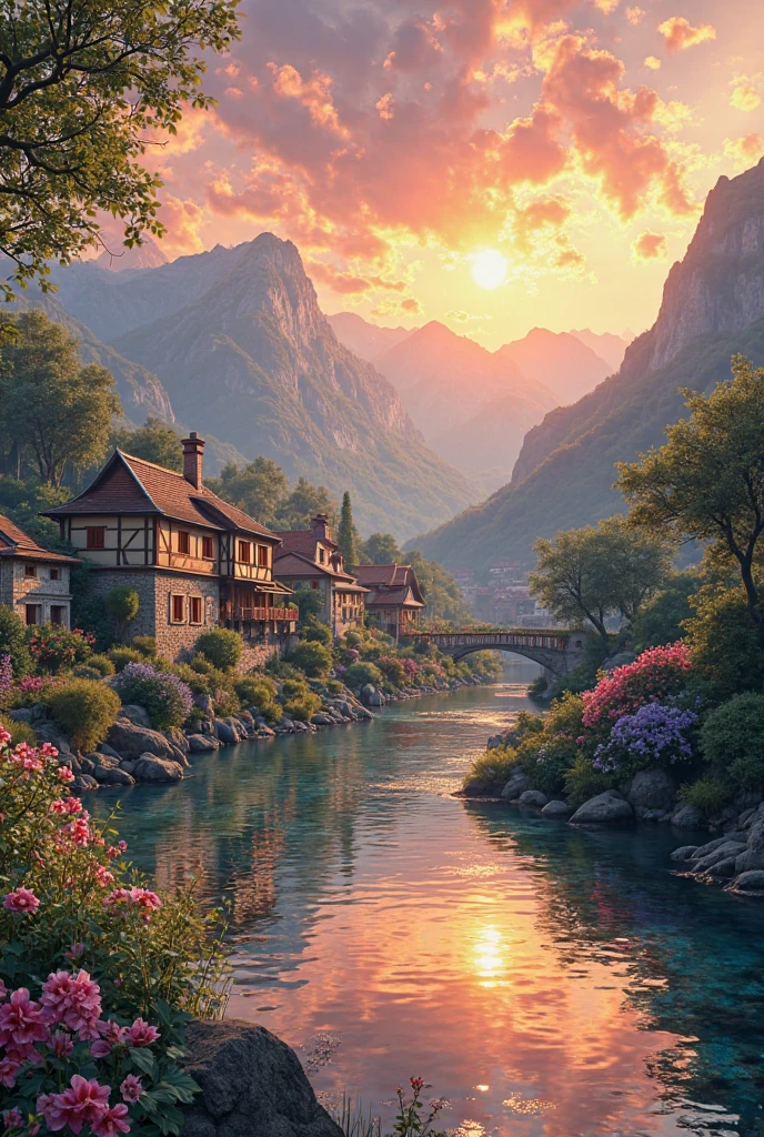 a small village by the river, mountains in the background, floral flowers colorful, detailed landscape, Beautiful natural landscapes, atmospheric lighting, scorching sunset, warm colours, practical, photopractical, Detailed Foliage, complex buildings, cobblestone street, Charming country house, swirly vibrant colors, lush vegetation, Still water reflections, Picturesque, idyllic, work of art, best qualityer, 8k, extremely detaild,anime styling