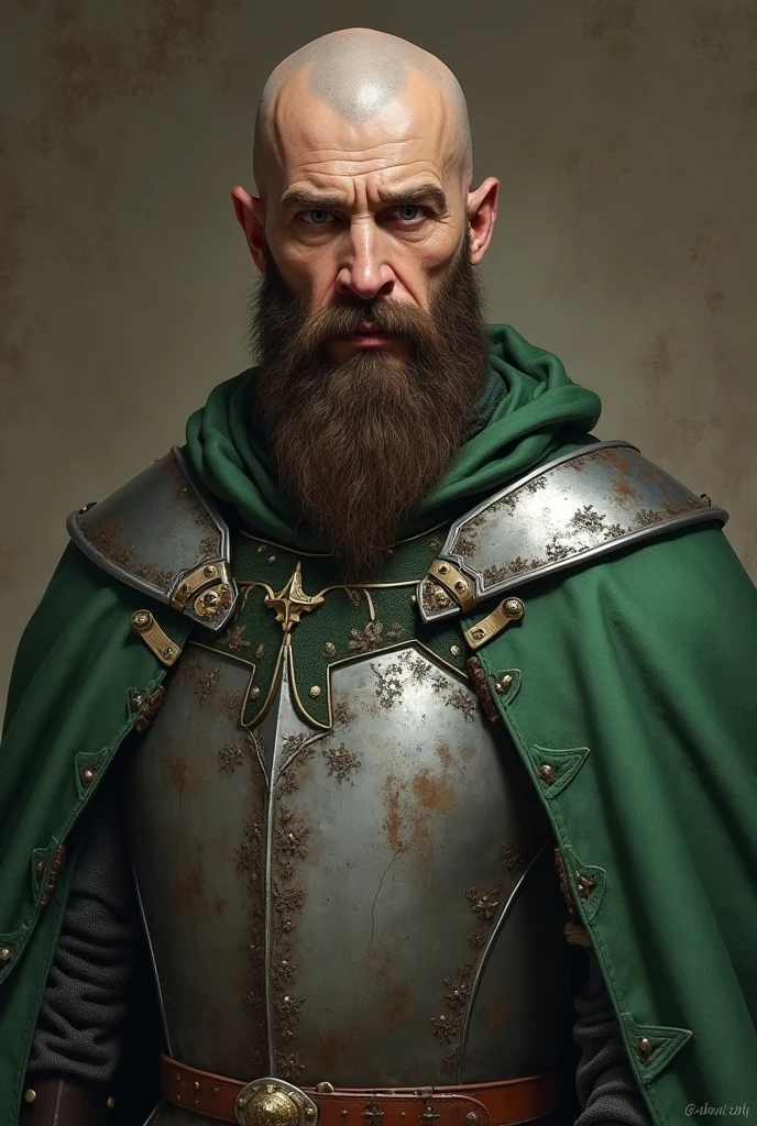 Andrew Estermont is a tall and not particularly handsome man. He is 32 years old. His face is hard, gloomy and somewhat unpleasant. He has no hair, his head is bald. His beard is dark brown, starting from his chin (goat beard), pointed and long. He is a knight. He wears gray, worn armor, with a green cloak, and a green vest underneath. Realistic. Medieval style portrait.