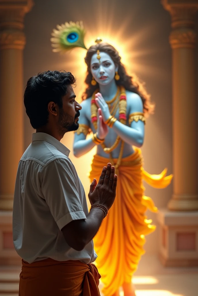 A man prays in front of a statue of Krishna