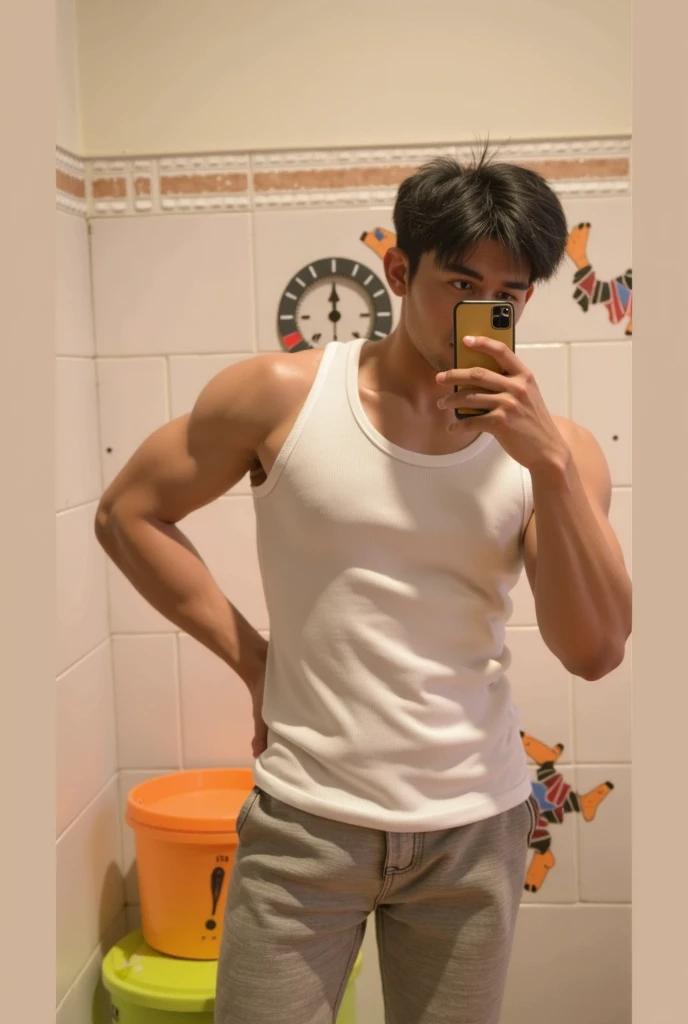 Japanese men、12 years old、Short but well-trained muscles and smooth skin、Sporty short hair、A friendly, healthy smile、Although he has a youthful face, he is short, has an active pose, and has very bulging muscles.、Healthy and colorful boxer shorts made of thin and narrow fabric、In the bathroom、Healthy wide-legged pose、Young but well-developed healthy muscles