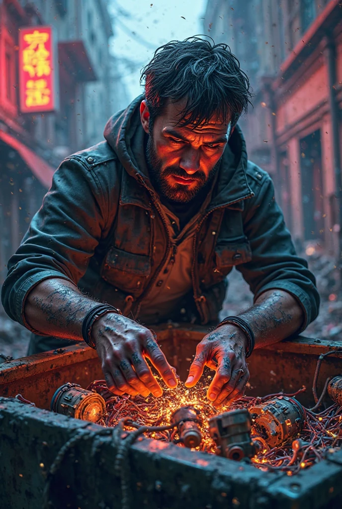 "Close-up of the man scavenging tech scraps from a dumpster, with glowing wires and robotic parts, Fortnite art style, cyberpunk vibe."