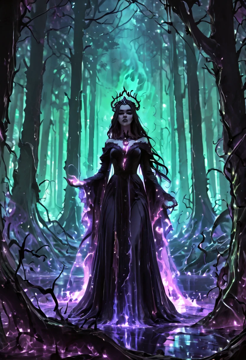 An abstract digital wave of an evil character takes form, a dark fairy tale figure with flowing raven hair that sways like shadows in the night. Dressed in a deep purple gown, it billows with the essence of dark magic, swirling in fantastical patterns that reflect the chaos of her sinister reign. A bewitched tiara, shimmering under the eerie luminescence of an enchanted forest, adorns her head, casting reflections that hint at her ominous power. The atmosphere thickens with a captivating yet menacing aura, while the ground below is a tapestry of twisted roots and sharp thorns, each curve and angle a testament to the dread woven into her story. This vibrant scene unfolds in abstract digital waves, where every flowing line narrates tales of dark escapades, beckoning the courageous to enter a realm where enchantment and peril are inextricably linked