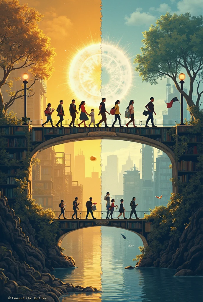 Theme Title: “Youth: The Bridge to a Brighter Egypt”
Competition Title (optional to include): “The Role of University Youth in Promoting Correct Concepts”

Design Concept:

Left Side (Dark Side – Distorted Concepts):
Create a dark-toned section showing symbolic elements that represent wrong or harmful concepts, such as:

Broken chains (addiction)

Torn pages (ignorance/misinformation)

Cracked phone with chat bubbles (rumors/fake news)

Faded masks (hypocrisy)


These symbols should be subtle and blend into a moody, desaturated background.

Middle Section (The Bridge):
A symbolic bridge moving from left to right, built with elements like books, gears, tree roots, and digital circuits.
On this bridge, modern Egyptian youth (both genders, diverse styles) are walking confidently toward the light.
They carry symbols like:

A laptop

The Egyptian flag

A paintbrush or pen

A book

A plant sapling


Write the phrase “Towards the Better” (in English or Arabic: "نحو الأفضل") engraved on or floating above the bridge.

Right Side (Light Side – Positive Concepts):
A bright, hopeful background with:

A flourishing tree

A university/library or factory silhouette

A glowing light bulb (creativity)

Blue sky with sun rays breaking through


Use a warm color palette: golden yellow, white, green, and light blue.

Typography:

The main phrase: “Towards the Better” – elegant and bold.

Add a small footer text (optional): “With knowledge and work, we shape the right path.”



Important Notes:

Do not use any written words in the drawing area except for titles or phrases mentioned above.

No text explanations inside the artwork – visuals only.