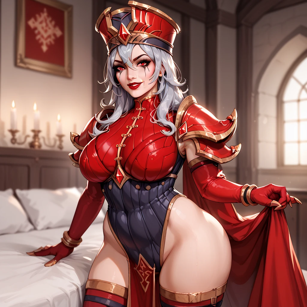 Lian, long white hair, hair stick, bangs, blue eyes, solo, smiling, standing, upper body, hips, bare shoulders,purple thighhighs, red dress, gold jewelry,armor,gloves,circlet, cleavage, red and gold royal castle, gigantic breasts, (best quality, masterpiece, beautiful and aesthetic:1.2, highest detailed face, perfect face,) eyes, perfect face,expressive eyes,
looking at viewer, in the center of the image,(Upper_body),(Focus on her face),
official art,extremely detailed CG unity 8k wallpaper, perfect lighting,Colorful, Bright_Front_face_Lighting,shiny skin,
(masterpiece:1.0),(best_quality:1.0), ultra high res,4K,ultra-detailed