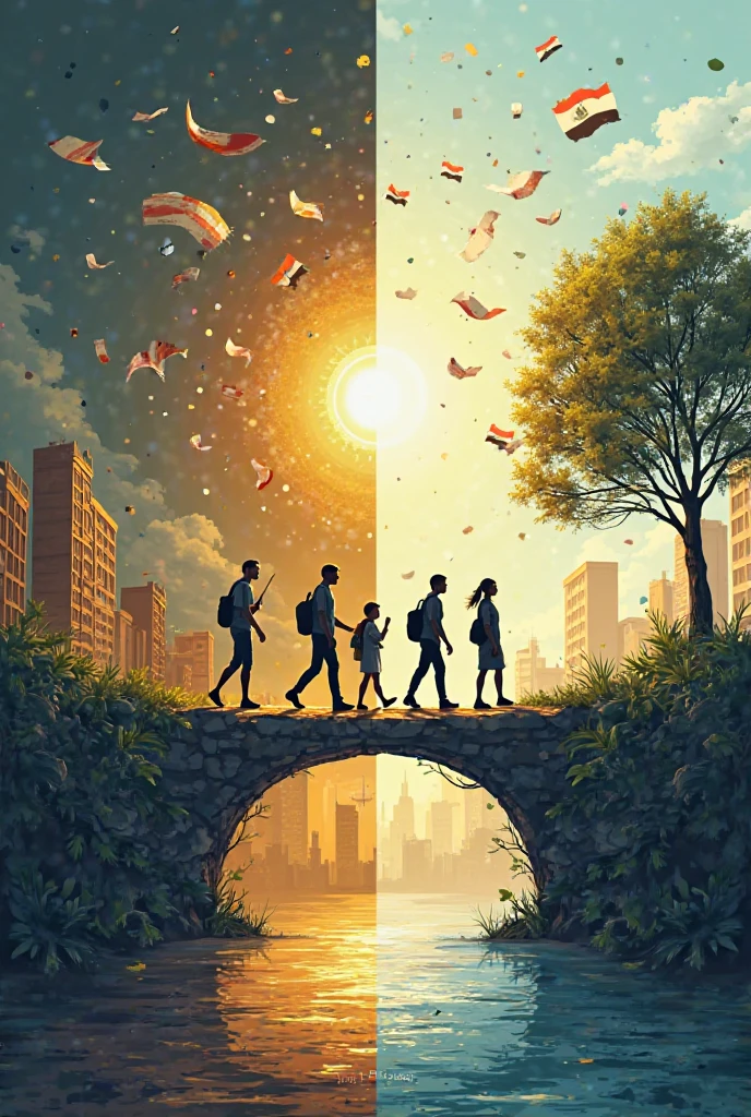 Theme Title: “Youth: The Bridge to a Brighter Egypt”
Competition Title (optional to include): “The Role of University Youth in Promoting Correct Concepts”

Design Concept:

Left Side (Dark Side – Distorted Concepts):
Create a dark-toned section showing symbolic elements that represent wrong or harmful concepts, such as:

Broken chains (addiction)

Torn pages (ignorance/misinformation)

Cracked phone with chat bubbles (rumors/fake news)

Faded masks (hypocrisy)


These symbols should be subtle and blend into a moody, desaturated background.

Middle Section (The Bridge):
A symbolic bridge moving from left to right, built with elements like books, gears, tree roots, and digital circuits.
On this bridge, modern Egyptian youth (both genders, diverse styles) are walking confidently toward the light.
They carry symbols like:

A laptop

The Egyptian flag

A paintbrush or pen

A book

A plant sapling


Write the phrase “Towards the Better” (in English or Arabic: "نحو الأفضل") engraved on or floating above the bridge.

Right Side (Light Side – Positive Concepts):
A bright, hopeful background with:

A flourishing tree

A university/library or factory silhouette

A glowing light bulb (creativity)

Blue sky with sun rays breaking through


Use a warm color palette: golden yellow, white, green, and light blue.

Typography:

The main phrase: “Towards the Better” – elegant and bold.

Add a small footer text (optional): “With knowledge and work, we shape the right path.”



Important Notes:

Do not use any written words in the drawing area except for titles or phrases mentioned above.

No text explanations inside the artwork – visuals only.