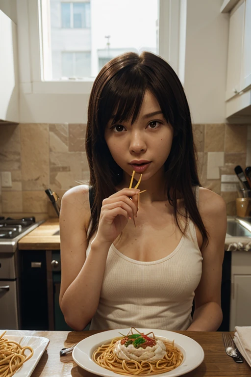 photorealistic asian girl eating ippin instant noodle, best quality,
