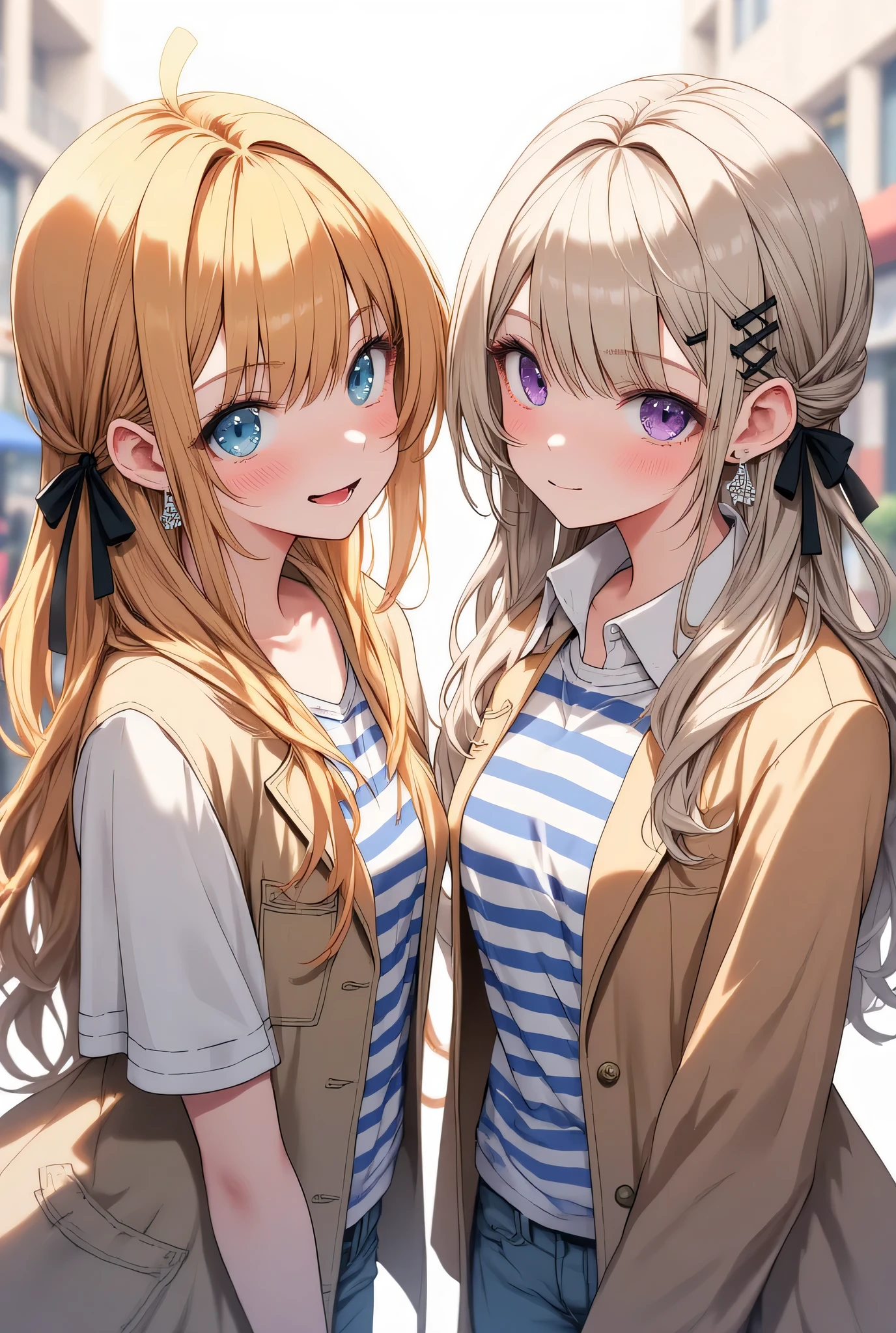 (EyesHD:1.2), masterpiece, best quality, ultra-detailed, very aesthetic, sharp focus, depth of field, vibrant colors, ray tracing, best lighting, detailed illustration, detailed background, cinematic, beautiful face,beautiful eyes,

2 girls, twintails, long hair, blonde hair, blue eyes, black ribbon, (striped t-shirt:1.1), beige blazer, smile, open mouth,
2 girls, twintails, long hair, (platinum blonde hair:1.1), purple eyes, crossed bangs, hair scrunchie,(tsurime:0.6),expressionless, collared shirt, (striped sweater:1.1), v arms, collarbone,
(2 girls:1.2), street, masterpiece, best quality, very aesthetic, absurdres, ultra detailed, UHD, 8K, highly detailed, newest,