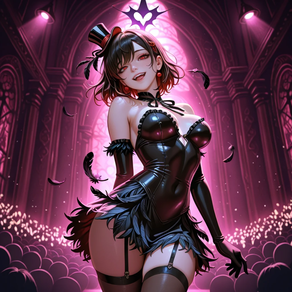 Little devil, heart-shaped tail, mature expression, eyeliner, tongue sticking out, shyness, wiggles, little devil's cute outfit, red lipstick, upturned eyes, blurred background of many balloons
