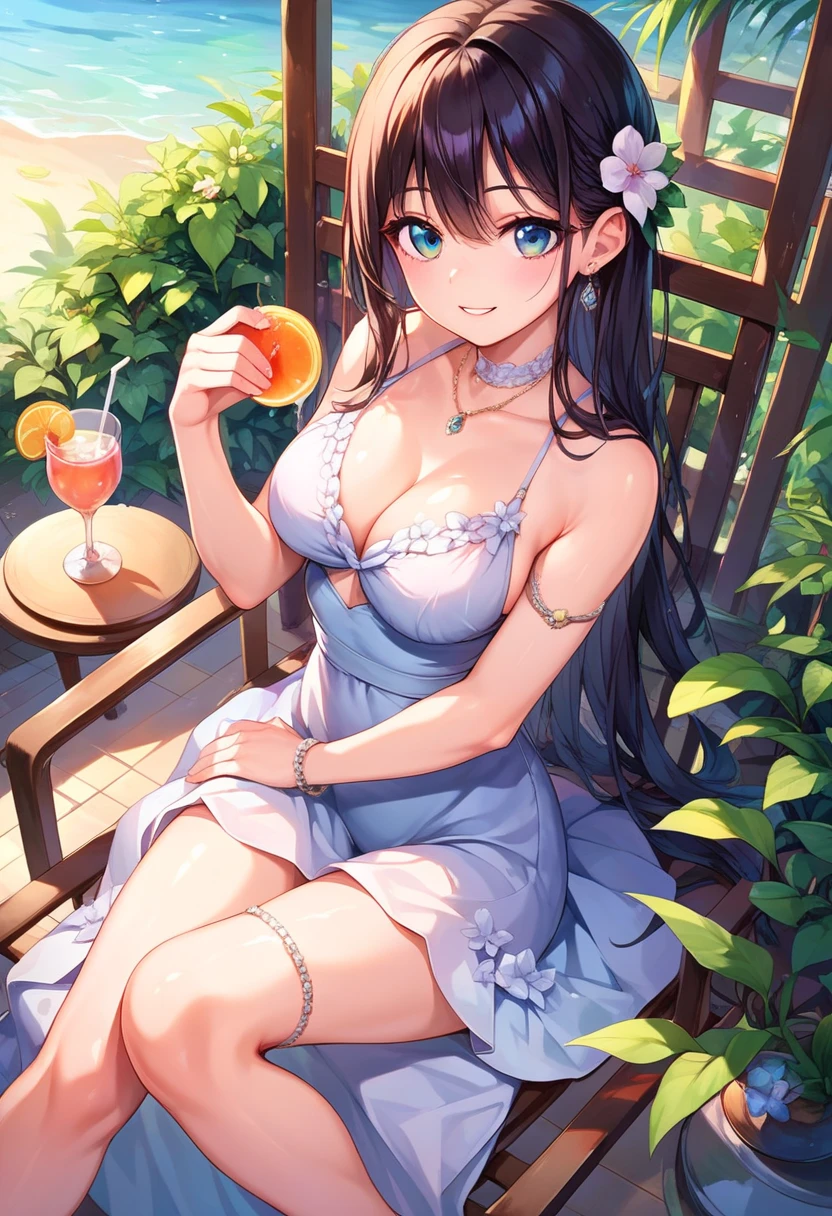 Use your right hand to macro shoot a picnic scene themed on a tropical beach holiday in summer. The protagonists of this picture are (top quality, 8k, masterpiece: 1.3)), focus: 1.2, perfect body beauty: 1.4, (((delicate long hair)), (dress: 1.1), (room, two women sitting on bed, very detailed face and skin texture, fine eyes, double eyelids, breast enlargement, whitening skin, smiling, wearing a necklace. The lens focuses on glasses, fruits, dazzling midday sun, fisheye lenses, distant views, hearty meals, (splash: 1.6), ice, (picnic scene: 0.5) (cute desserts: 0.4), dripping. Carbonated drinks, translucent liquids, daytime outdoor lights (beach 1.5), tropical plants, hot climate, HD detail, wet watermark, hyper detail, cinematic, surrealism, soft light, deep field focus bokeh, ray tracing, diffuse (ultra-fine glass reflection), surrealism.