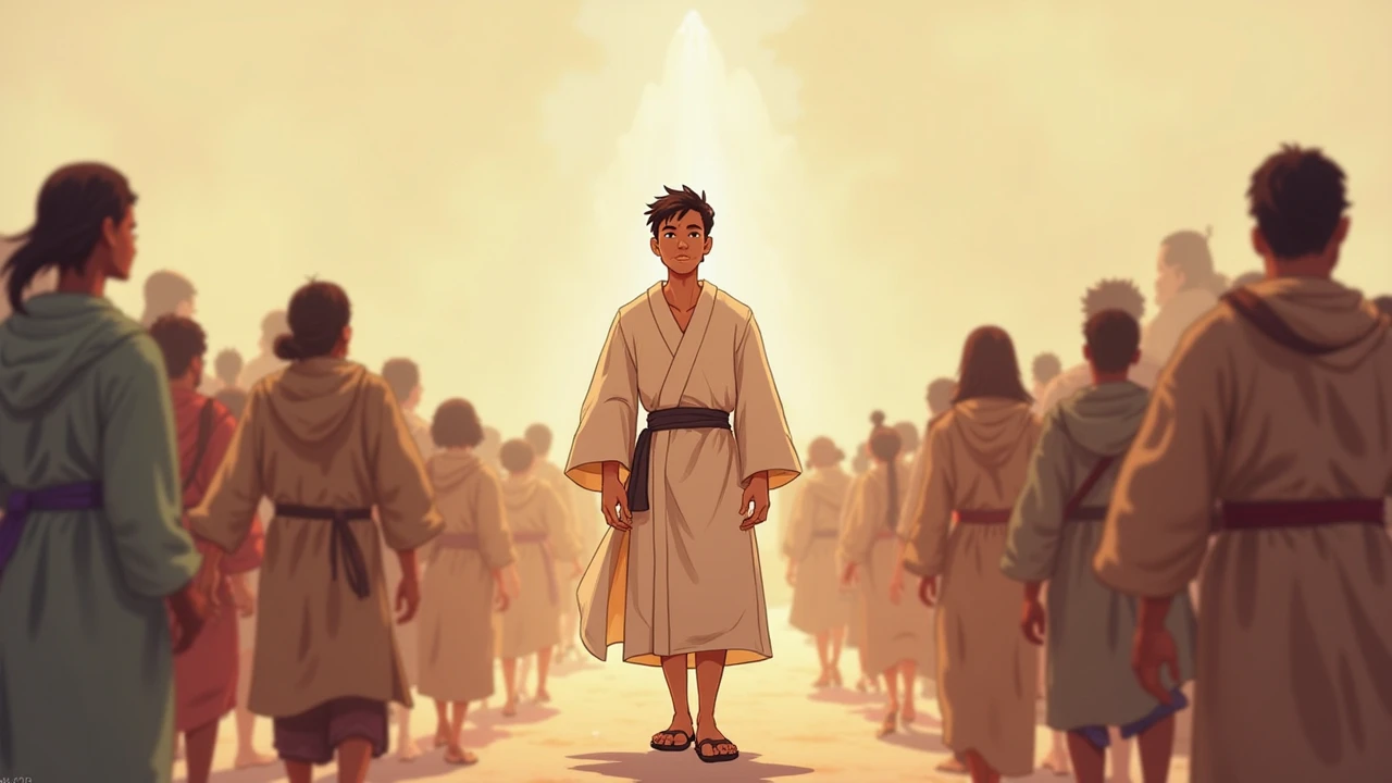 cartoon-style illustration, warm earthy color palette, soft pastel shading, no background – A young man walks past cheering crowds but looks up instead toward an unseen mountaintop, his simple robe fluttering in the breeze, a faint glowing lion’s shadow cast behind him.