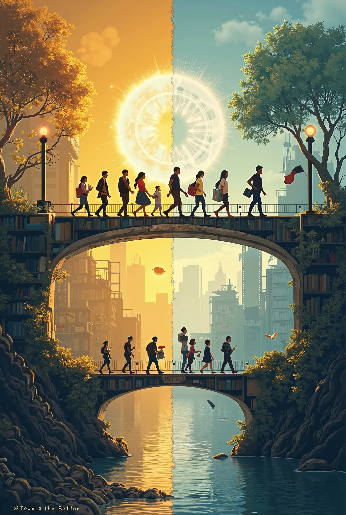 Theme Title: “Youth: The Bridge to a Brighter Egypt”
Competition Title (optional to include): “The Role of University Youth in Promoting Correct Concepts”

Design Concept:

Left Side (Dark Side – Distorted Concepts):
Create a dark-toned section showing symbolic elements that represent wrong or harmful concepts, such as:

Broken chains (addiction)

Torn pages (ignorance/misinformation)

Cracked phone with chat bubbles (rumors/fake news)

Faded masks (hypocrisy)


These symbols should be subtle and blend into a moody, desaturated background.

Middle Section (The Bridge):
A symbolic bridge moving from left to right, built with elements like books, gears, tree roots, and digital circuits.
On this bridge, modern Egyptian youth (both genders, diverse styles) are walking confidently toward the light.
They carry symbols like:

A laptop

The Egyptian flag

A paintbrush or pen

A book

A plant sapling


Write the phrase “Towards the Better” (in English or Arabic: "نحو الأفضل") engraved on or floating above the bridge.

Right Side (Light Side – Positive Concepts):
A bright, hopeful background with:

A flourishing tree

A university/library or factory silhouette

A glowing light bulb (creativity)

Blue sky with sun rays breaking through


Use a warm color palette: golden yellow, white, green, and light blue.

Typography:

The main phrase: “Towards the Better” – elegant and bold.

Add a small footer text (optional): “With knowledge and work, we shape the right path.”



Important Notes:

Do not use any written words in the drawing area except for titles or phrases mentioned above.

No text explanations inside the artwork – visuals only.