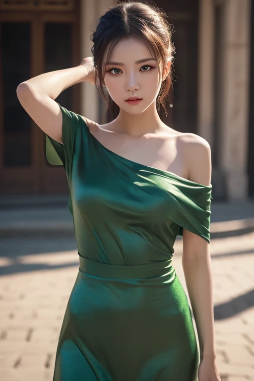 (masterpiece:1.3), high resolution, ultra detailed, extremely detailed CG unity 8k wallpaper, realistic, photo-realistic, RAW photo, beautiful detailed face, detailed cloth texture, detailed hair texture, accurate, Anatomically correct, Highly detailed face and skin texture, 1girl, solo, beautiful skin, real human skin, Full-body, beautiful firm breasts, beautiful cleavage, mature body, 18 years old girl, beautiful girl, Japanese idol, (french braid:1.3), brown hair, wearing layers, BREAK, (Green Long dress with high neck off-shoulder sleeveless:1.3), BREAK, White fur decoration on the chest, standing position, venue with moody lighting, enchanting smile, model pose, NSFW