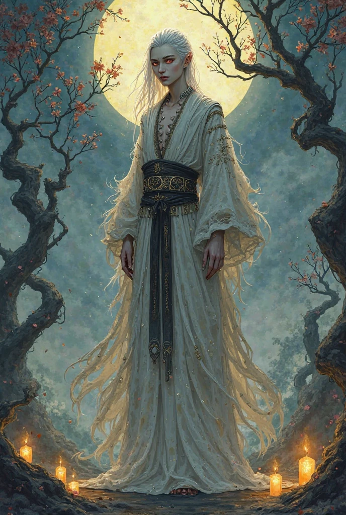 A tall, androgynous warrior with elongated limbs and pale, semi-translucent skin stands in a moonlit shrine garden. Their eyes resemble cracked porcelain with glowing shard-like irises in gold and violet. Their long, smoke-like hair flows unnaturally in the still air, fading to transparent ink at the tips. They wear layered ceremonial robes with floating, tattered sleeves, decorated with glowing runes and subtle moving patterns. Portions of ethereal armor made of spirit bone and lacquered wood cover their ????? and forearms. The background is a misty, ink-wash-style garden with twisted cherry trees and scattered candles. Lighting is soft and moody, with shadows like rippling brushstrokes. The overall art style resembles a fusion of watercolor painting, sumi-e inkwork, and surreal anime, with muted earth tones and vivid saturated accents around the character’s power aura.