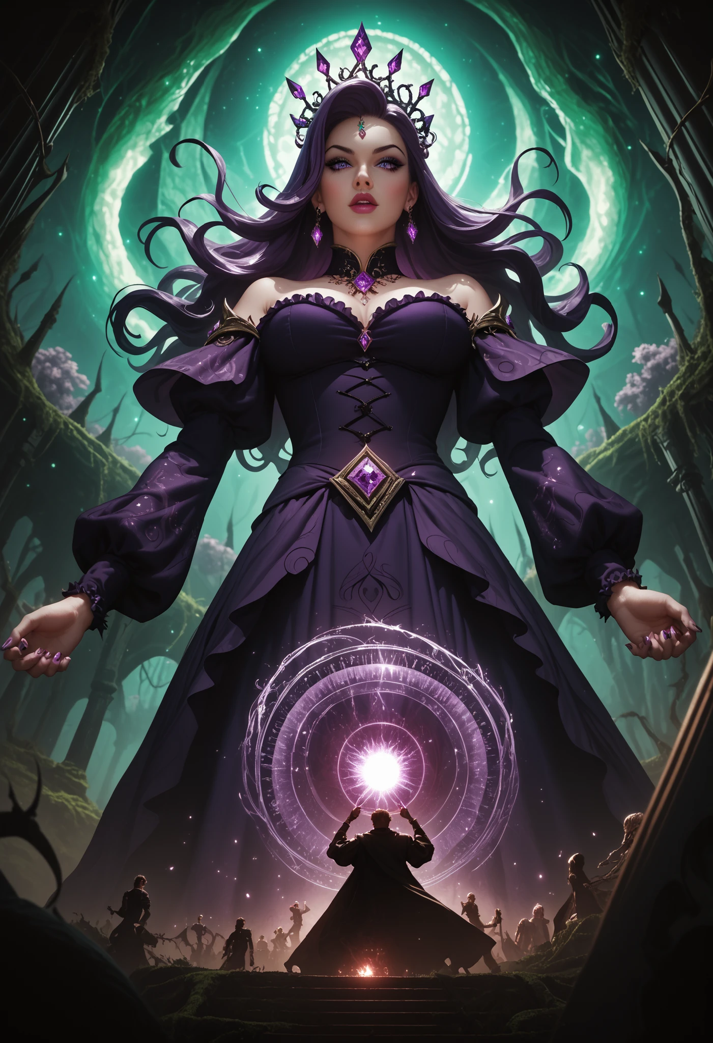 An abstract digital wave of an evil character takes form, a dark fairy tale figure with flowing raven hair that sways like shadows in the night. Dressed in a deep purple gown, it billows with the essence of dark magic, swirling in fantastical patterns that reflect the chaos of her sinister reign. A bewitched tiara, shimmering under the eerie luminescence of an enchanted forest, adorns her head, casting reflections that hint at her ominous power. The atmosphere thickens with a captivating yet menacing aura, while the ground below is a tapestry of twisted roots and sharp thorns, each curve and angle a testament to the dread woven into her story. This vibrant scene unfolds in abstract digital waves, where every flowing line narrates tales of dark escapades, beckoning the courageous to enter a realm where enchantment and peril are inextricably linked