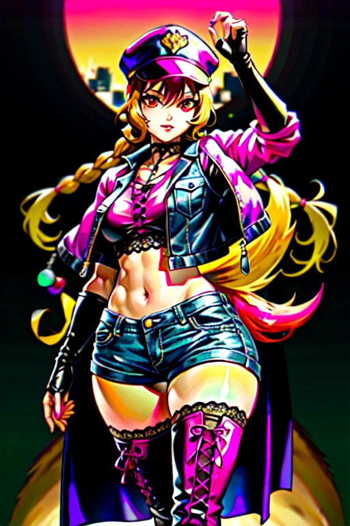 ((Mechanic)), ((female)), ((thick thighs)), ((Muscular)), ((cybernetics)), ((Black baseball hat)), ((dynamic pose)), ((retro cyberpunk
background))
(()), ((angry)), ((cel shading)) ((80's)) ((tattoos))