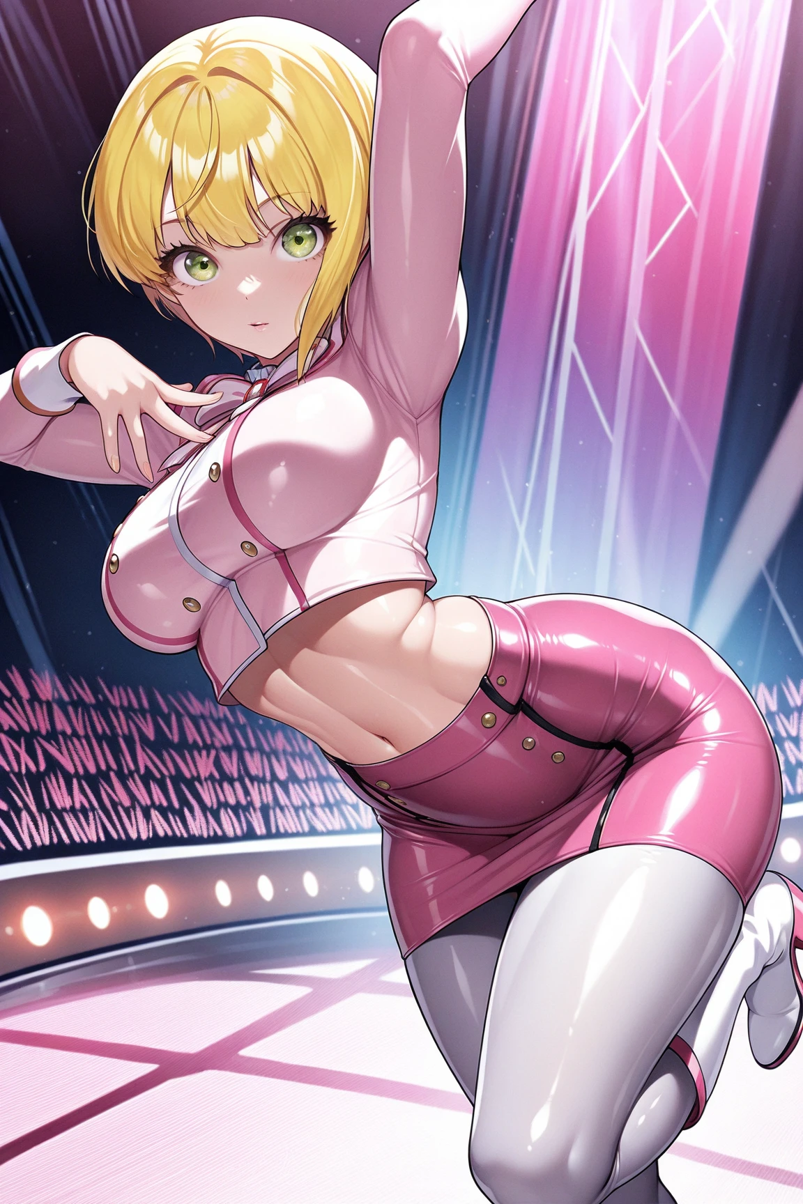 (masterpiece, 8k, 4k, extremely detailed, dynamic shading, best quality, absurdres:1.4) 1girl, nice hands, perfect hands, , matuxy, (larbreasts:1.1) ress, white leotard, see-through, white choker, thigh boots, high heels, thin waist, thick thighs, wide hips, (dancing:1.2), naughty, thick eyebrows, lipstick, full lips