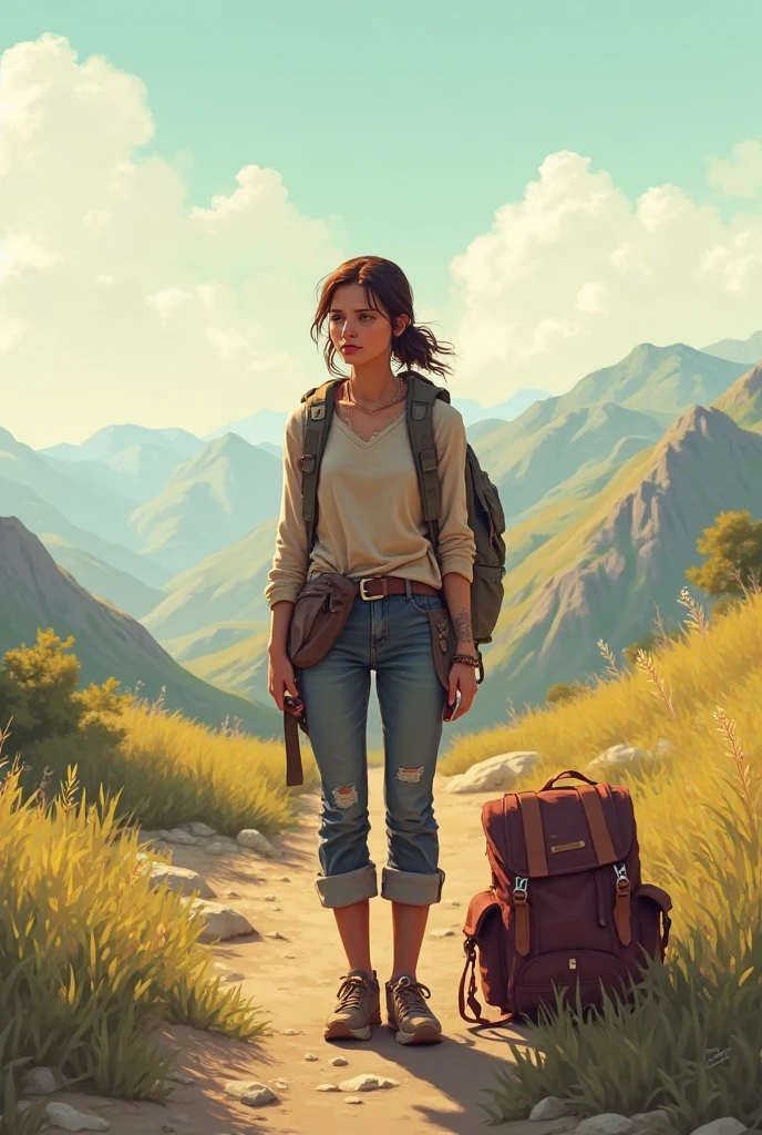 Show the  alone and the backpack on her